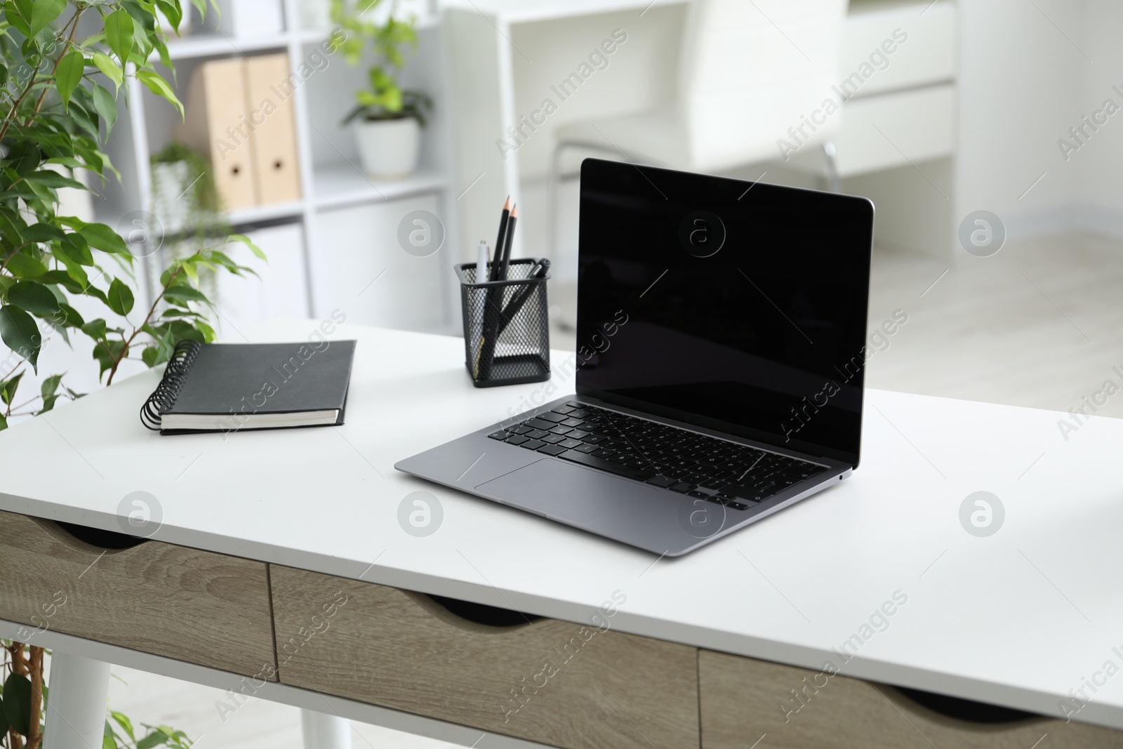 Photo of Stylish workplace with laptop, stationery and floral decor in office. Biophilic interior design