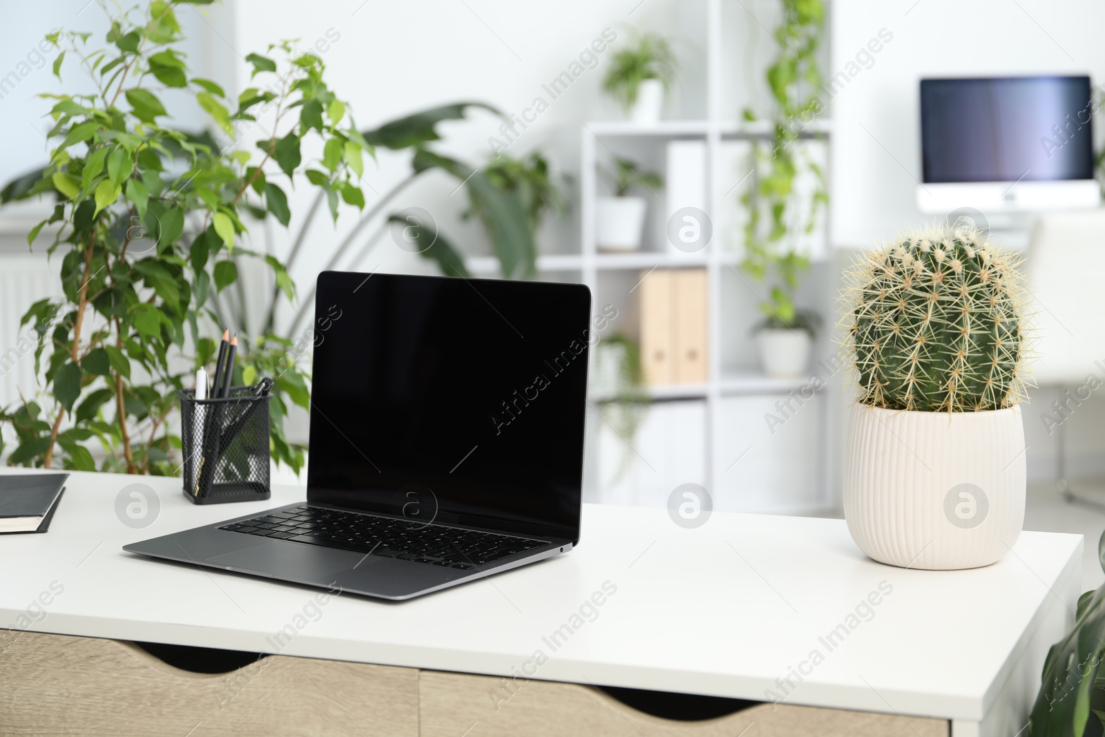 Photo of Stylish workplace with laptop, stationery and floral decor in office. Biophilic interior design