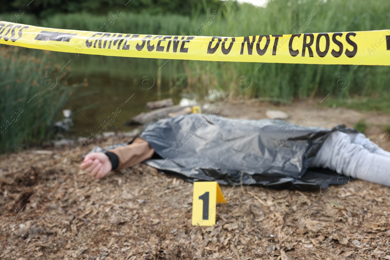 Photo of Forensic expertise. Crime scene with dead man's body, marker and police tape near lake outdoors, selective focus