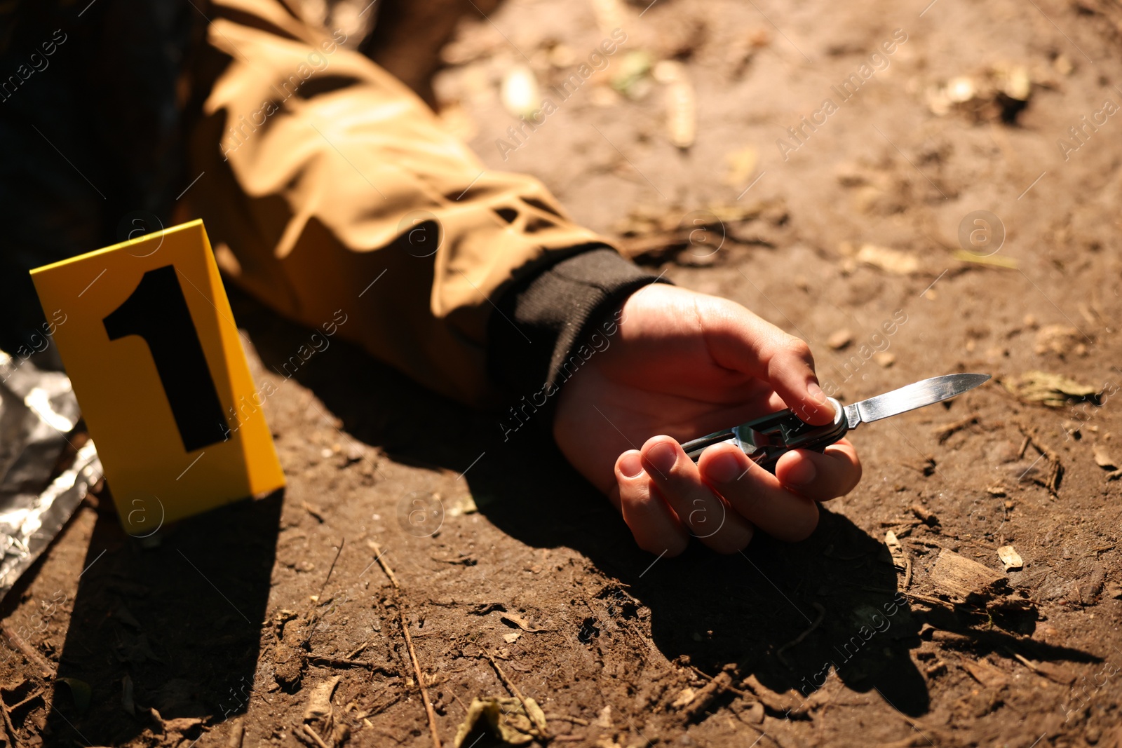 Photo of Forensic expertise. Crime scene with dead man's body, knife and marker outdoors, closeup