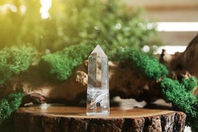 Photo of Aura. Beautiful crystal and driftwood with moss on stump