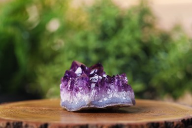 Photo of Aura. Beautiful amethyst on stump against blurred background, closeup