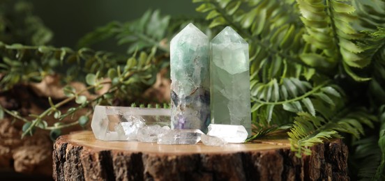 Photo of Aura. Beautiful crystals on stump and green plants against blurred background, closeup