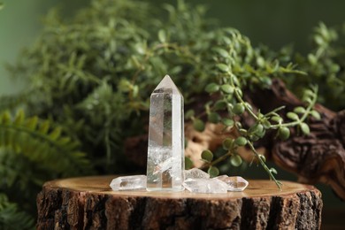 Photo of Aura. Beautiful crystals on stump, driftwood and green plants against blurred background