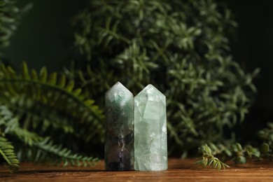 Photo of Aura. Beautiful crystals and green plants on wooden surface dark background