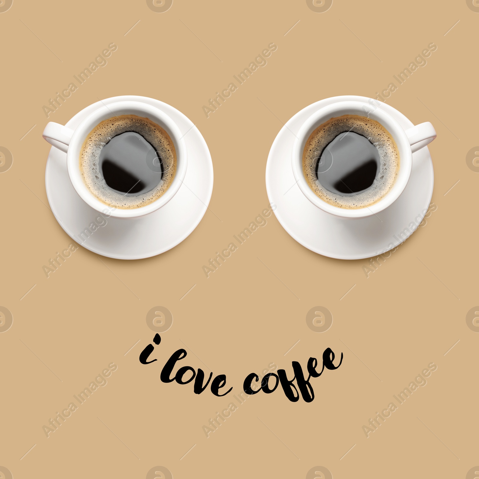 Image of Coffee in cups as eyes and phrase I Love Coffee as smile. Cute card or poster design on dark beige background, top view