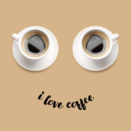 Image of Coffee in cups as eyes and phrase I Love Coffee as smile. Cute card or poster design on dark beige background, top view