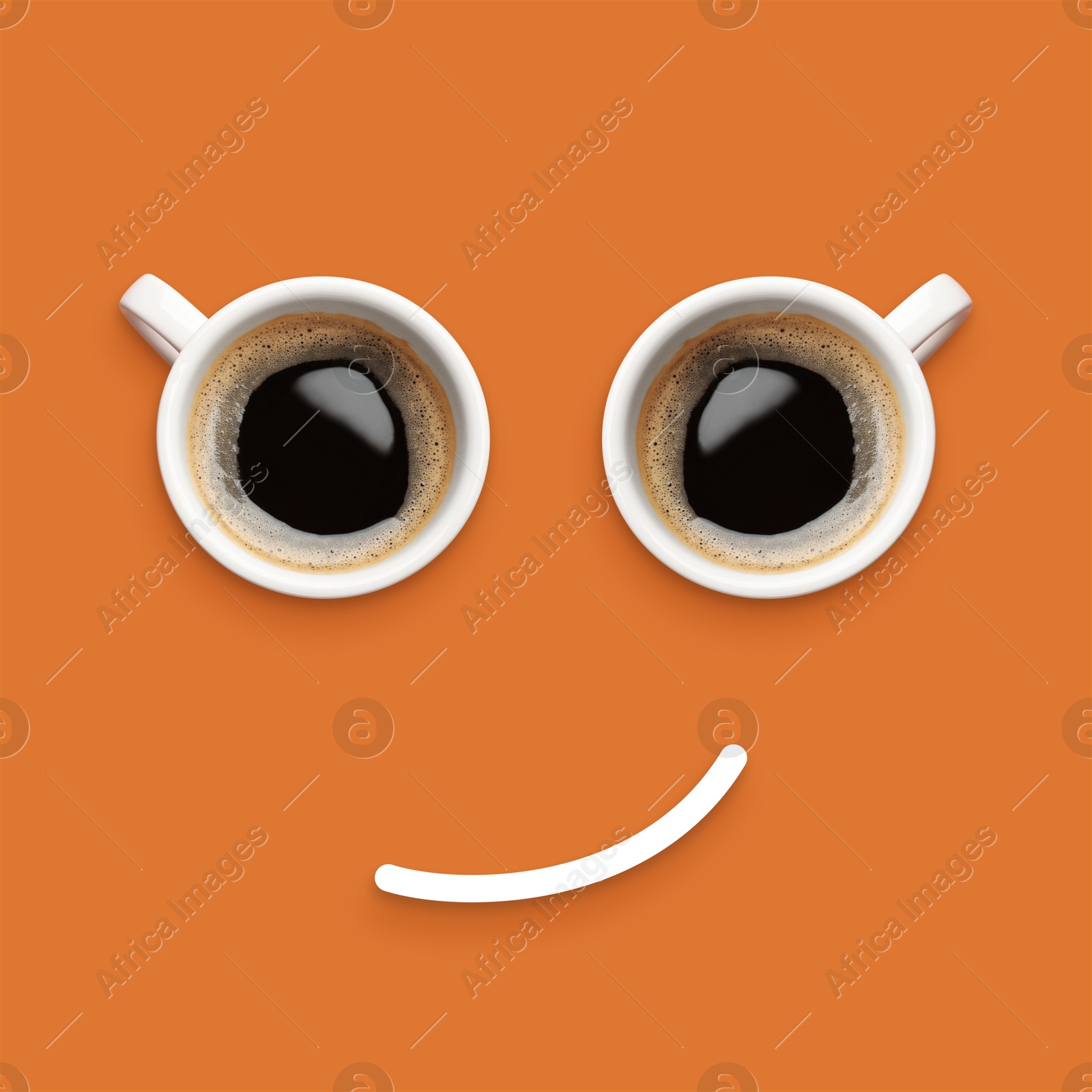 Image of Coffee in cups and line making smiling face on pale brown background, top view