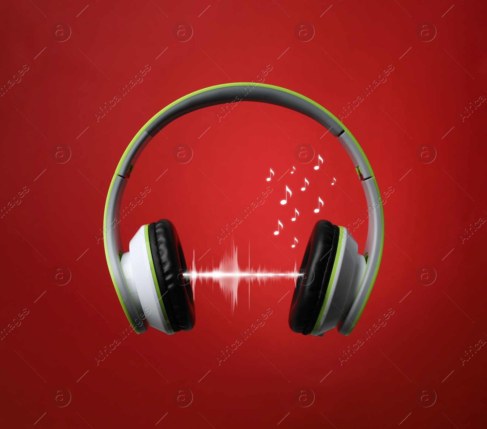 Image of Headphones, sound waves and music notes against dark red background