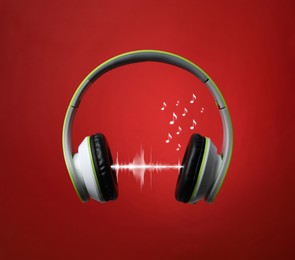 Image of Headphones, sound waves and music notes against dark red background