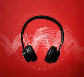 Image of Headphones and sound waves against red background