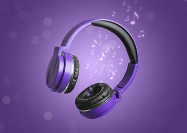 Image of Headphones and music notes against purple gradient background