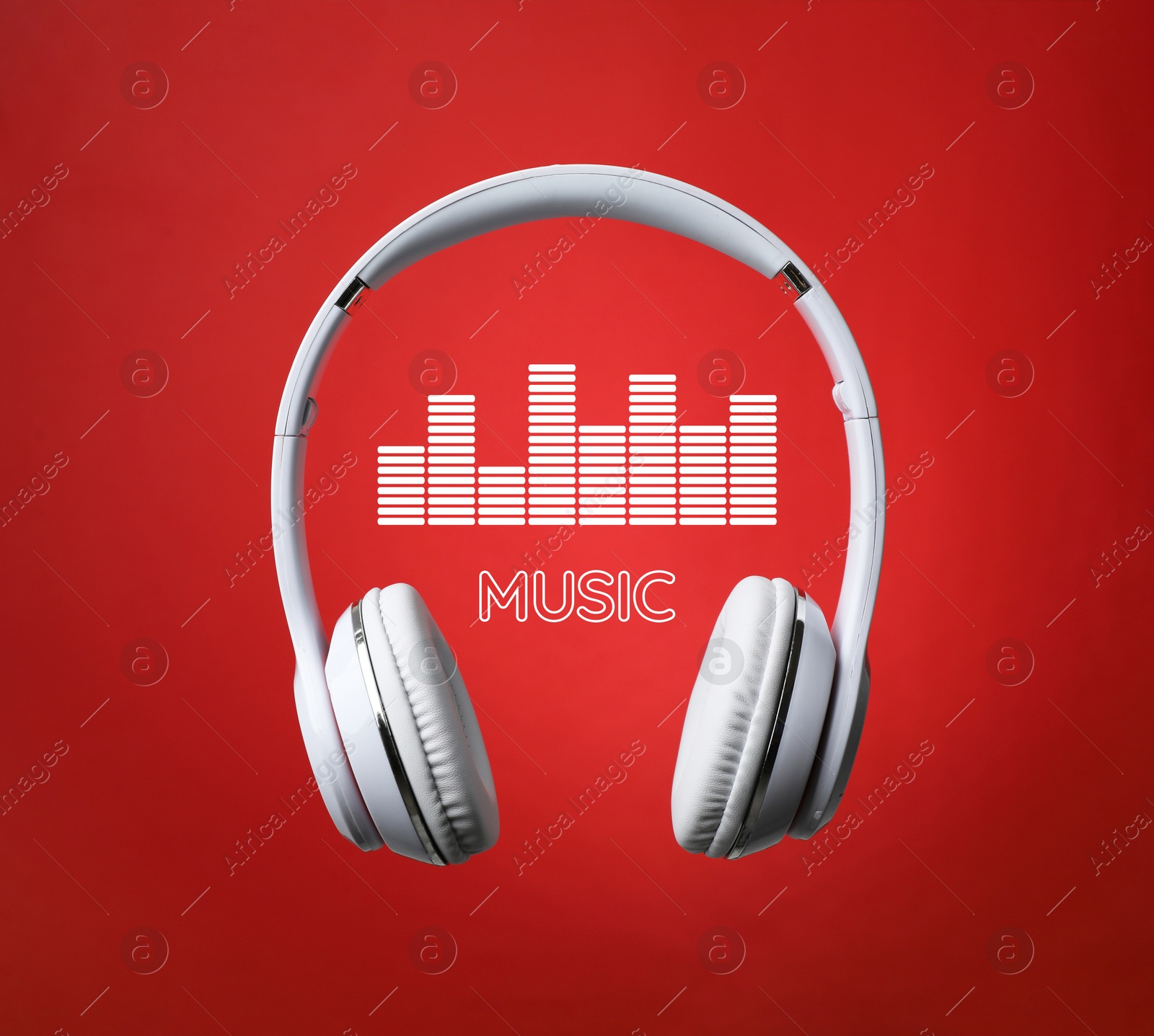 Image of Headphones, sound waves and word Music against dark red background