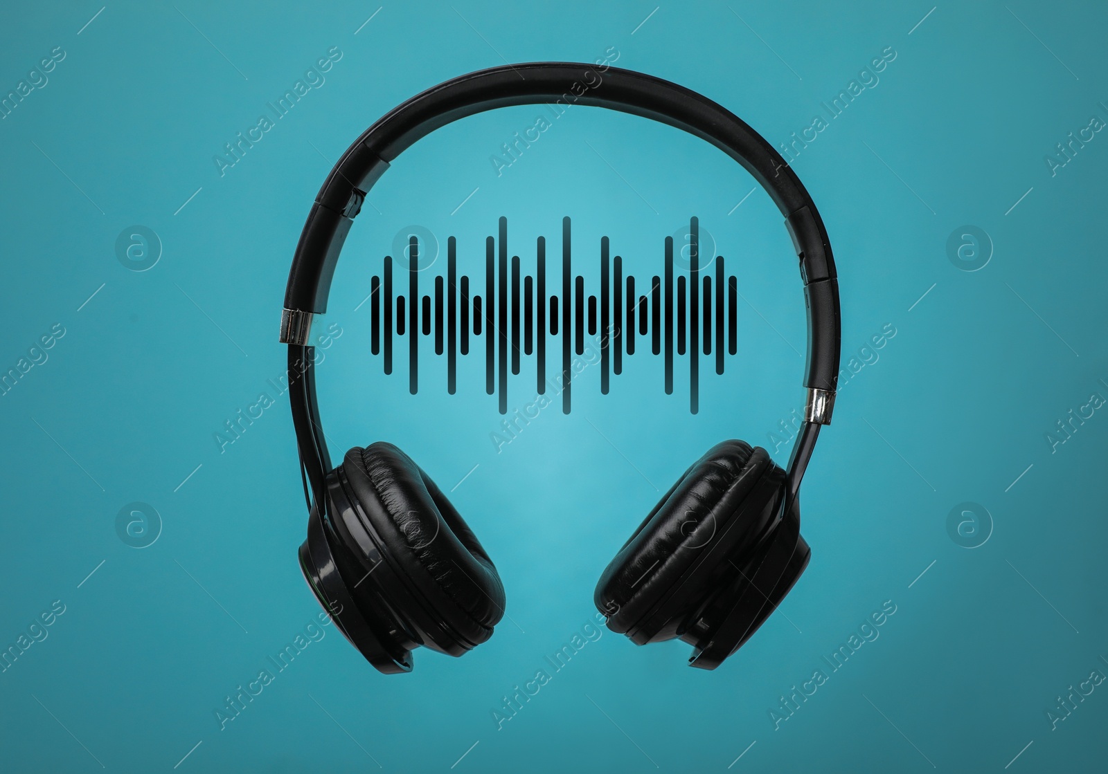 Headphones and sound waves against light blue background Image of Headphones and sound waves against light blue background