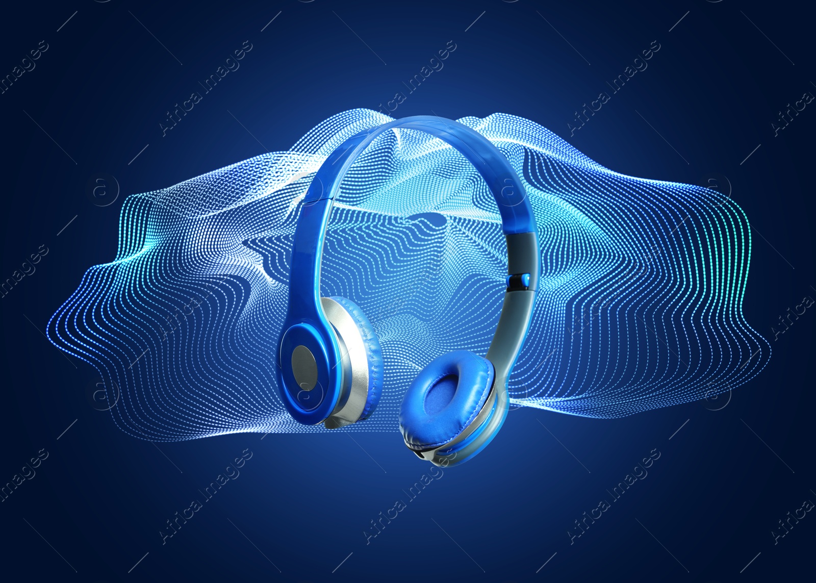 Image of Headphones and sound waves against blue gradient background