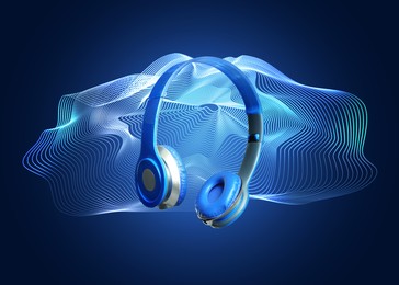 Image of Headphones and sound waves against blue gradient background