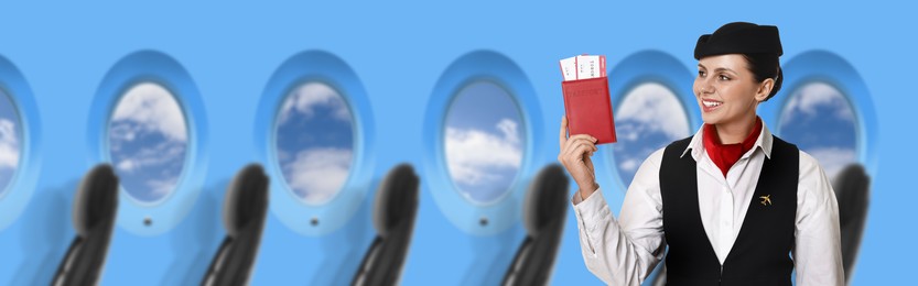 Image of Air hostess with passport and flight tickets near windows in plane
