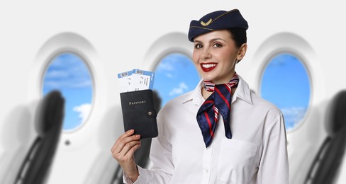 Image of Air hostess with passport and flight tickets near windows in plan
