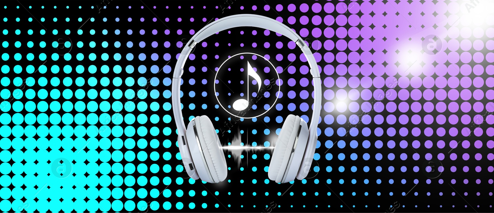 Image of Headphones, sound waves and music note against black background with colorful dots. Banner design