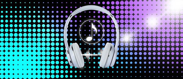 Image of Headphones, sound waves and music note against black background with colorful dots. Banner design