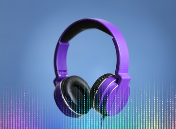 Image of Headphones and sound waves against greyish blue background