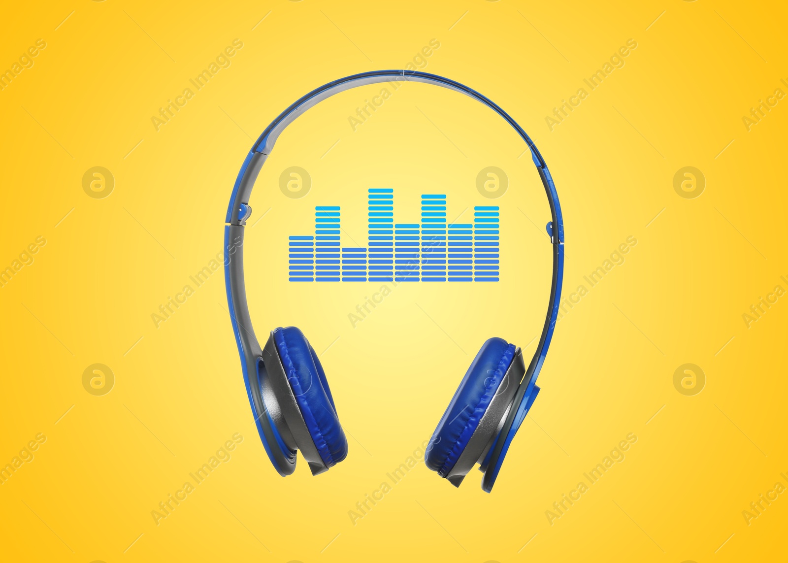Image of Headphones and sound waves against yellow background