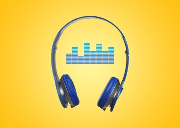 Image of Headphones and sound waves against yellow background