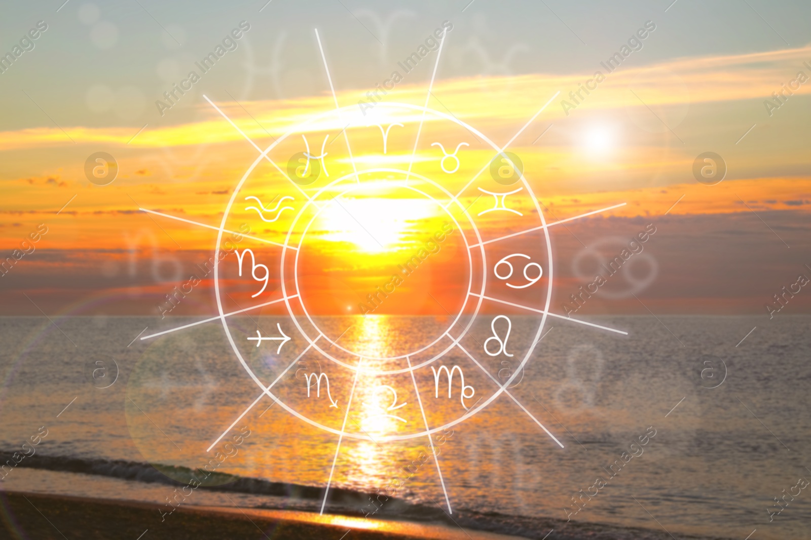 Zodiac wheel with signs against beautiful seascape Image of Zodiac wheel with signs against beautiful seascape