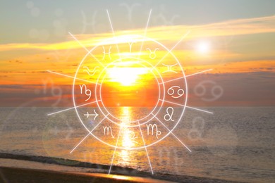 Image of Zodiac wheel with signs against beautiful seascape