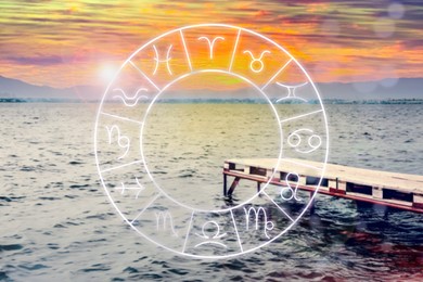 Image of Zodiac wheel with signs against beautiful seascape