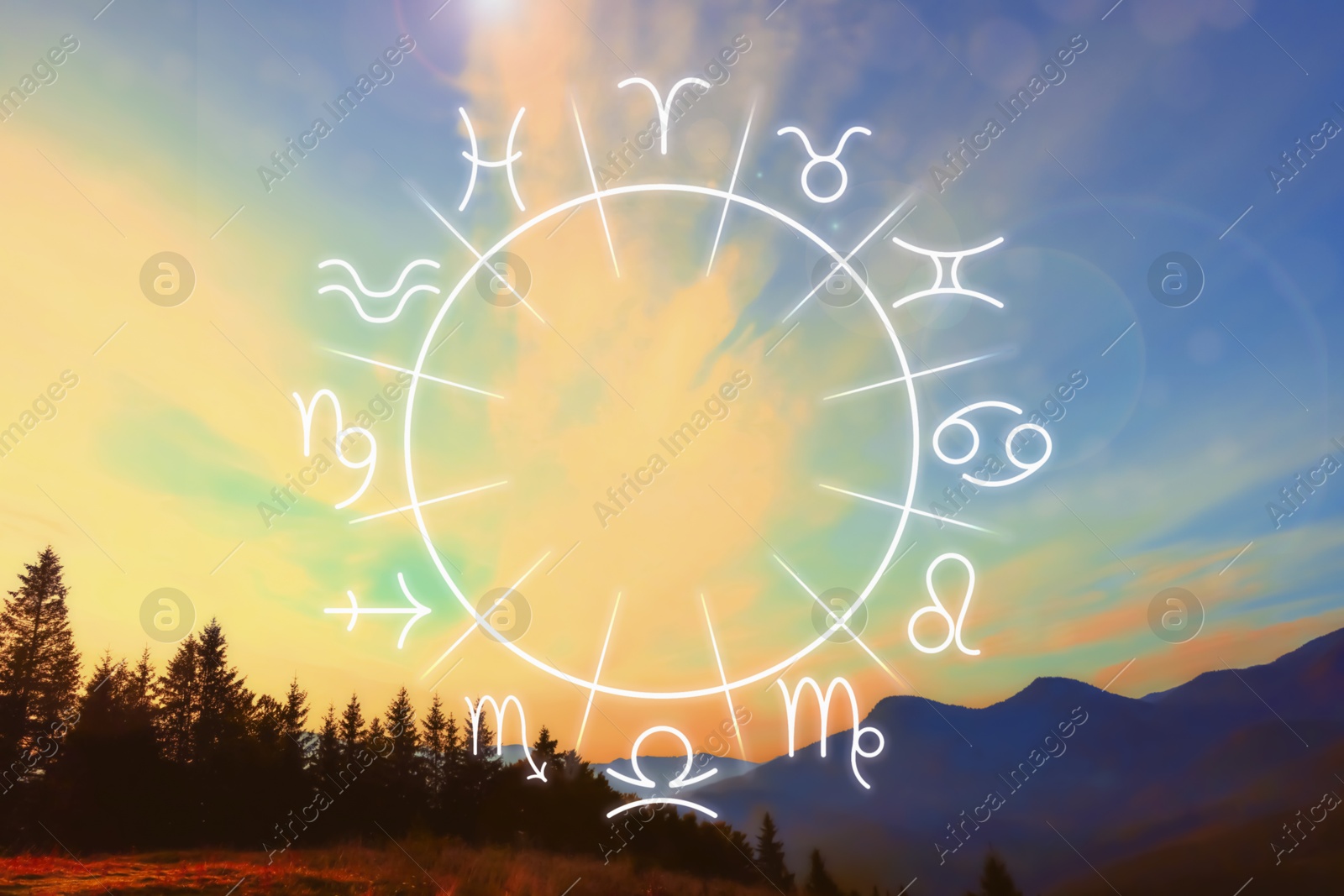 Zodiac wheel with signs against mountain landscape Image of Zodiac wheel with signs against mountain landscape
