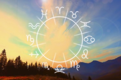 Image of Zodiac wheel with signs against mountain landscape