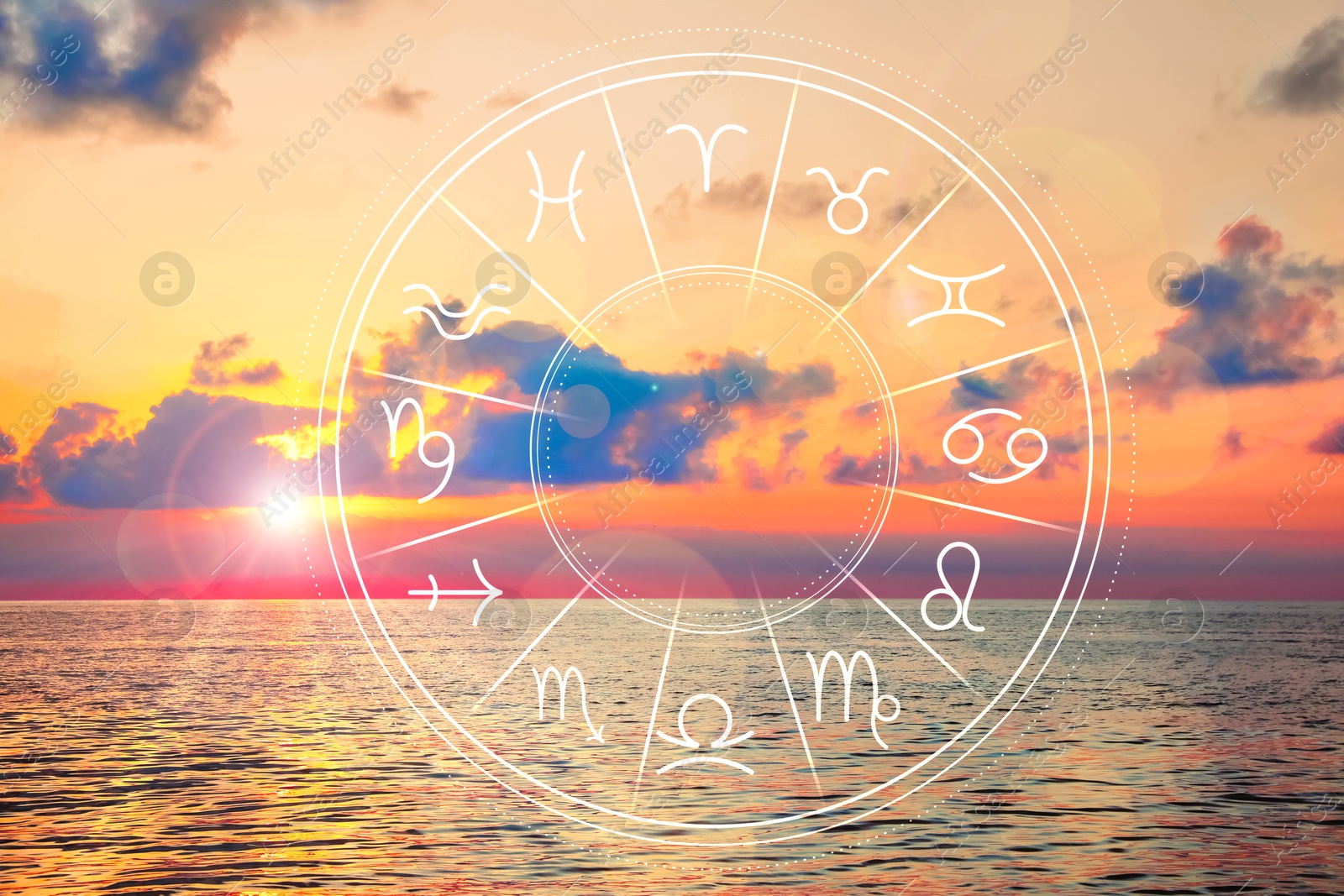Image of Zodiac wheel with signs against beautiful seascape