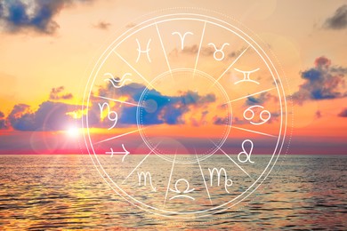 Image of Zodiac wheel with signs against beautiful seascape