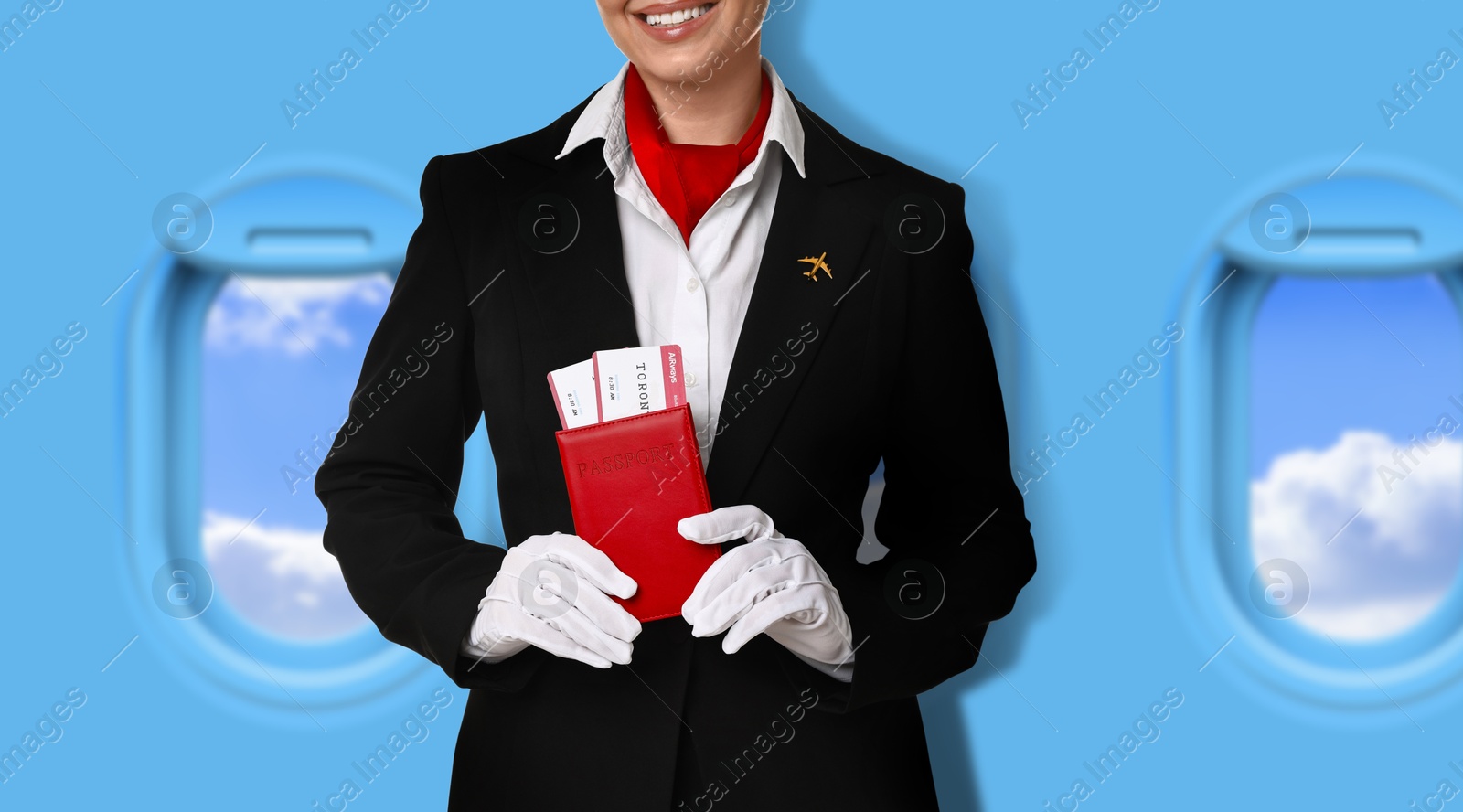 Image of Air hostess with passport and flight tickets near windows in plane, closeup