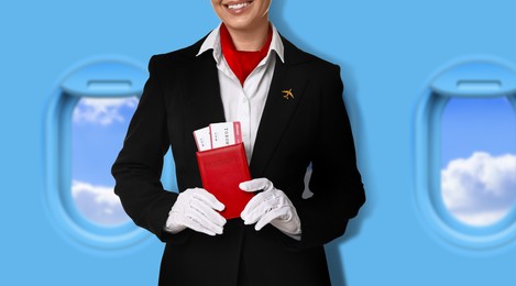 Image of Air hostess with passport and flight tickets near windows in plane, closeup