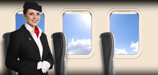 Image of Air hostess smiling near windows in plane