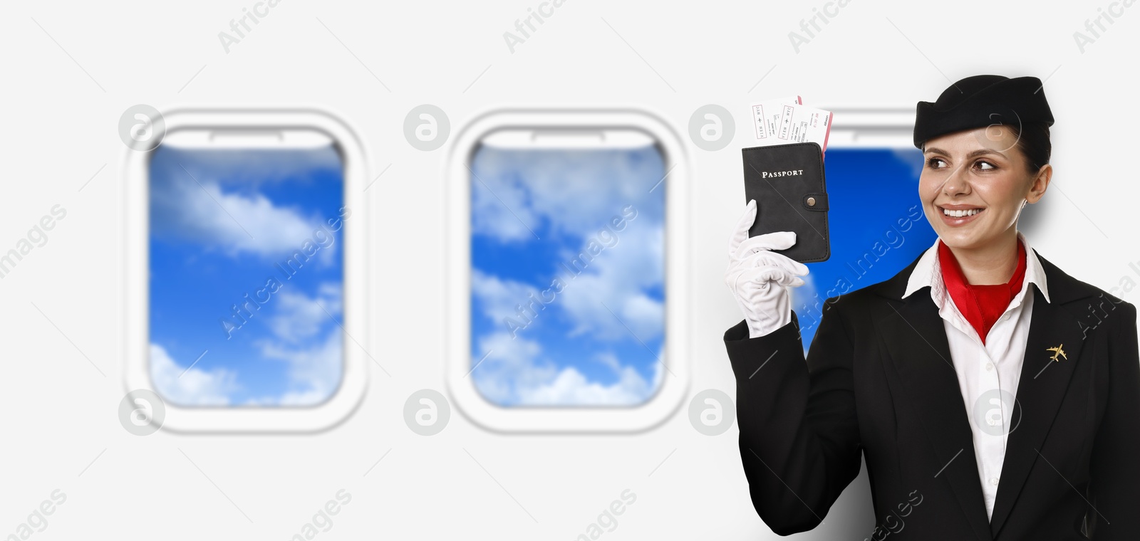Image of Air hostess with passport and flight tickets near windows in plane