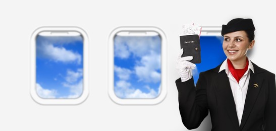 Image of Air hostess with passport and flight tickets near windows in plane
