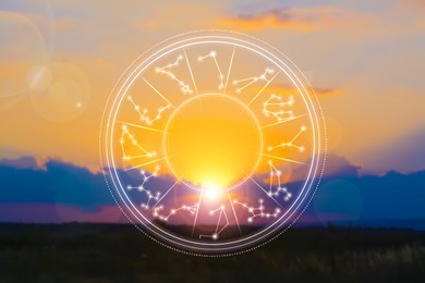 Image of Zodiac wheel with constellation patterns against nature landscape