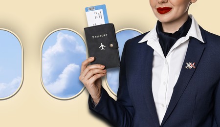 Image of Air hostess with passport and flight ticket near windows in plane, closeup