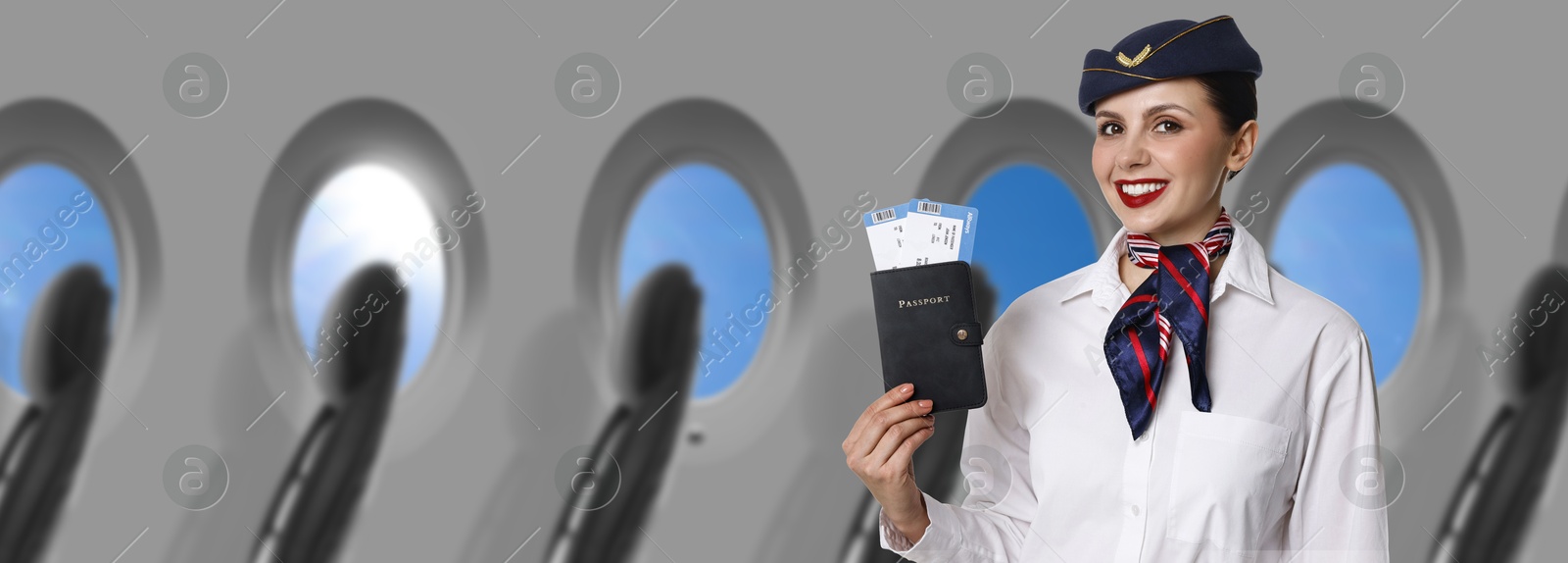 Image of Air hostess with passport and flight tickets near windows in plane