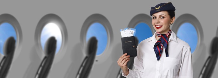 Image of Air hostess with passport and flight tickets near windows in plane