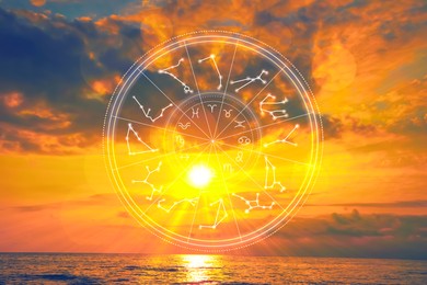 Image of Zodiac wheel with signs and constellation patterns against seascape