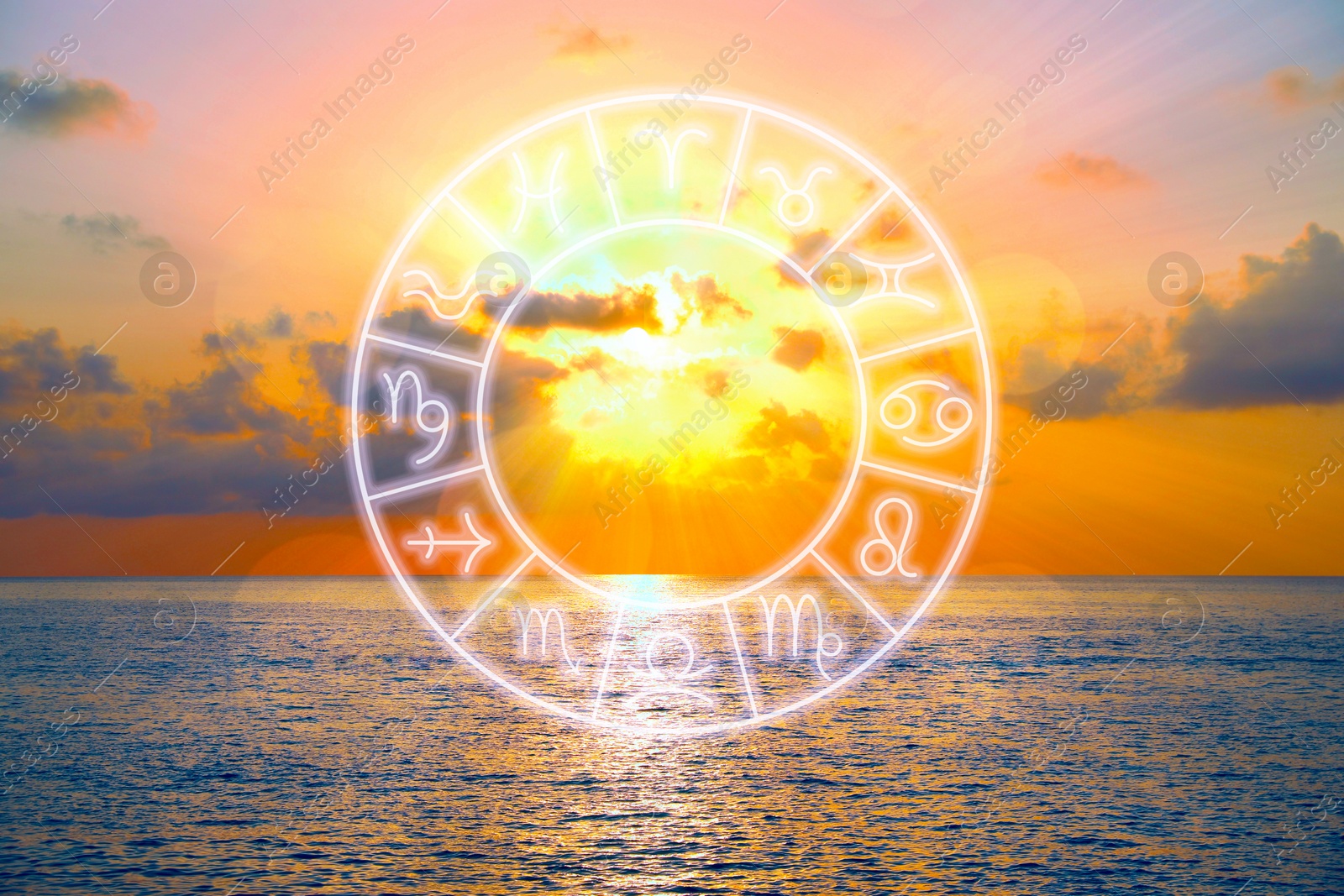 Image of Zodiac wheel with signs against beautiful seascape