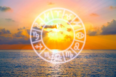 Image of Zodiac wheel with signs against beautiful seascape