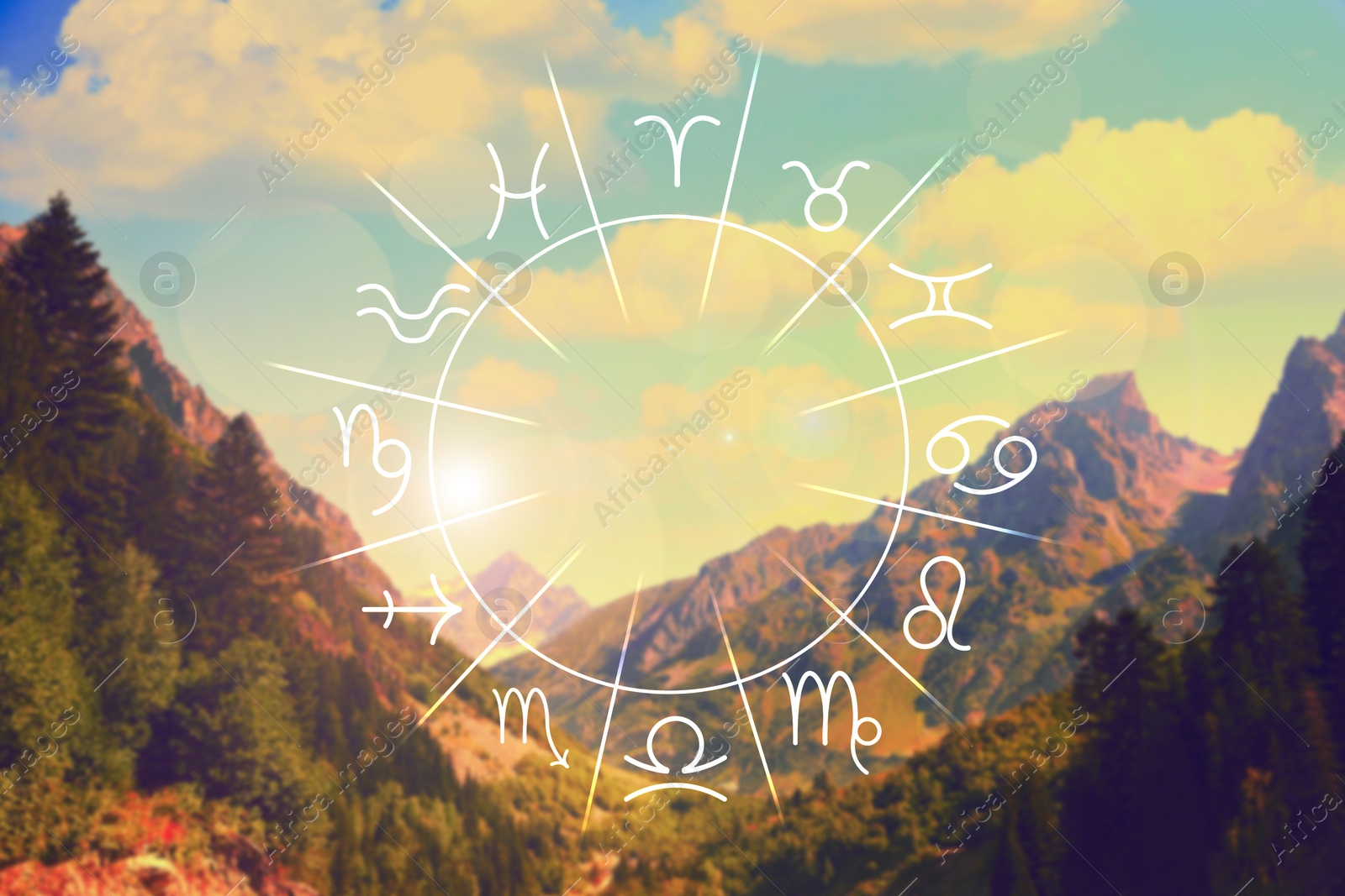 Image of Zodiac wheel with signs against mountain landscape