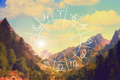 Image of Zodiac wheel with signs against mountain landscape