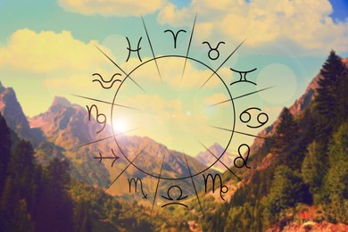 Image of Zodiac wheel with signs against mountain landscape