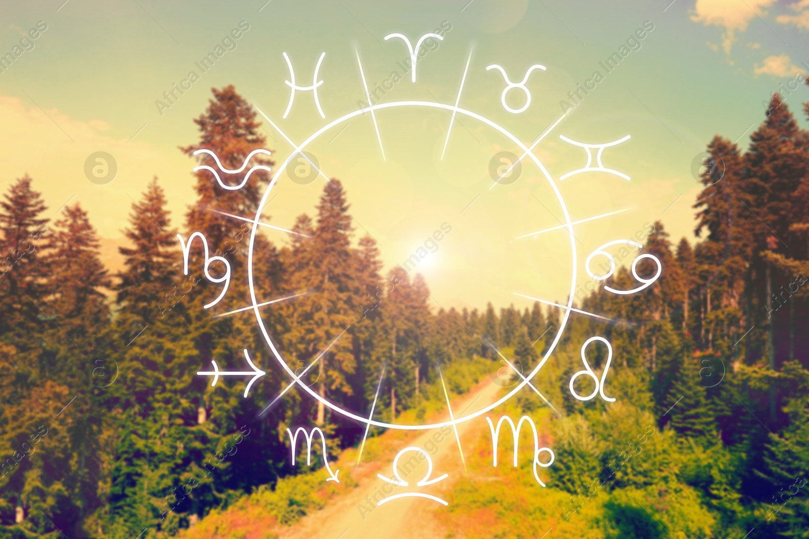 Image of Zodiac wheel with signs against mountain landscape